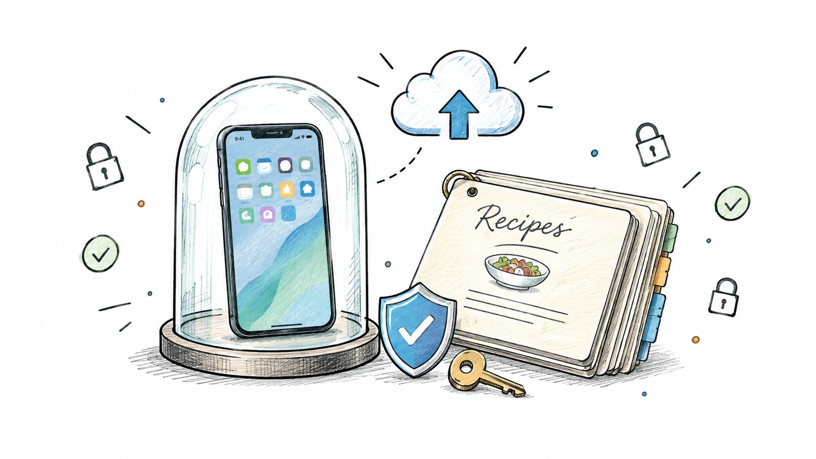 A digital illustration showing a secure smartphone and a recipe book, symbolizing online recipe organization and security.