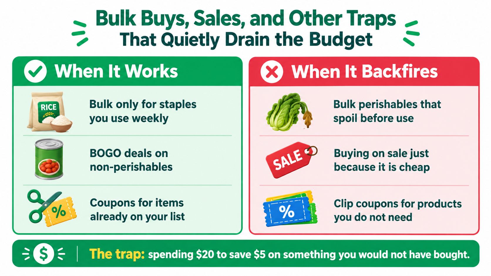 An infographic comparing smart bulk buying strategies versus common shopping pitfalls that negatively impact personal budgets.