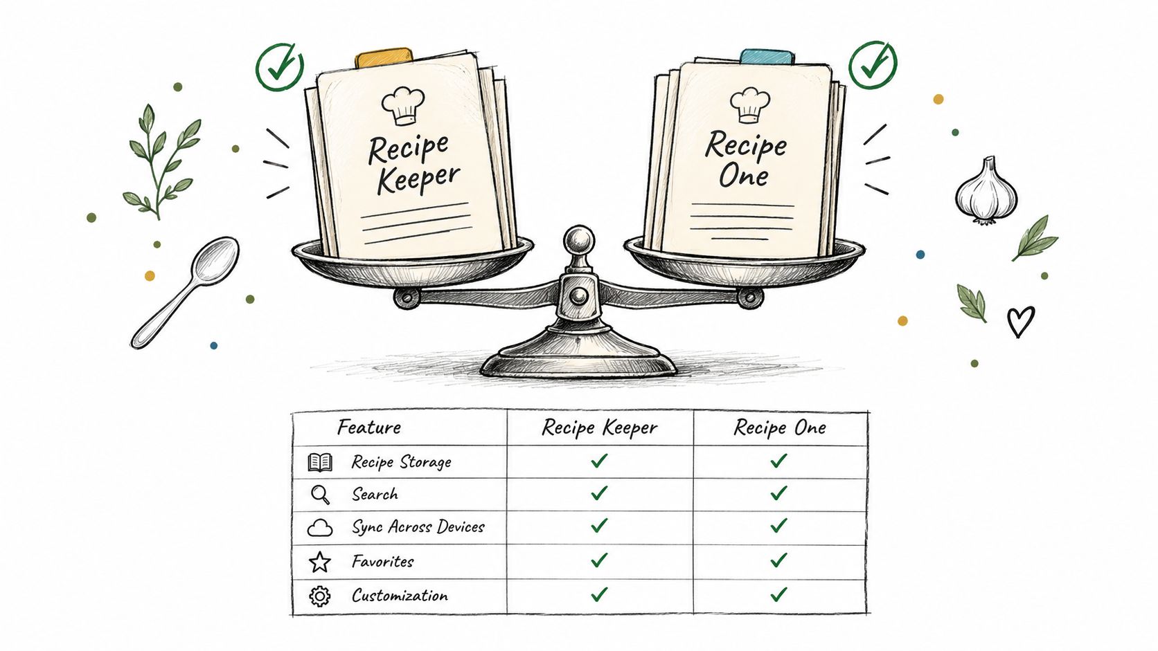 A comparison table between two recipe organizing apps, Recipe Keeper and Recipe One, showing shared core features.