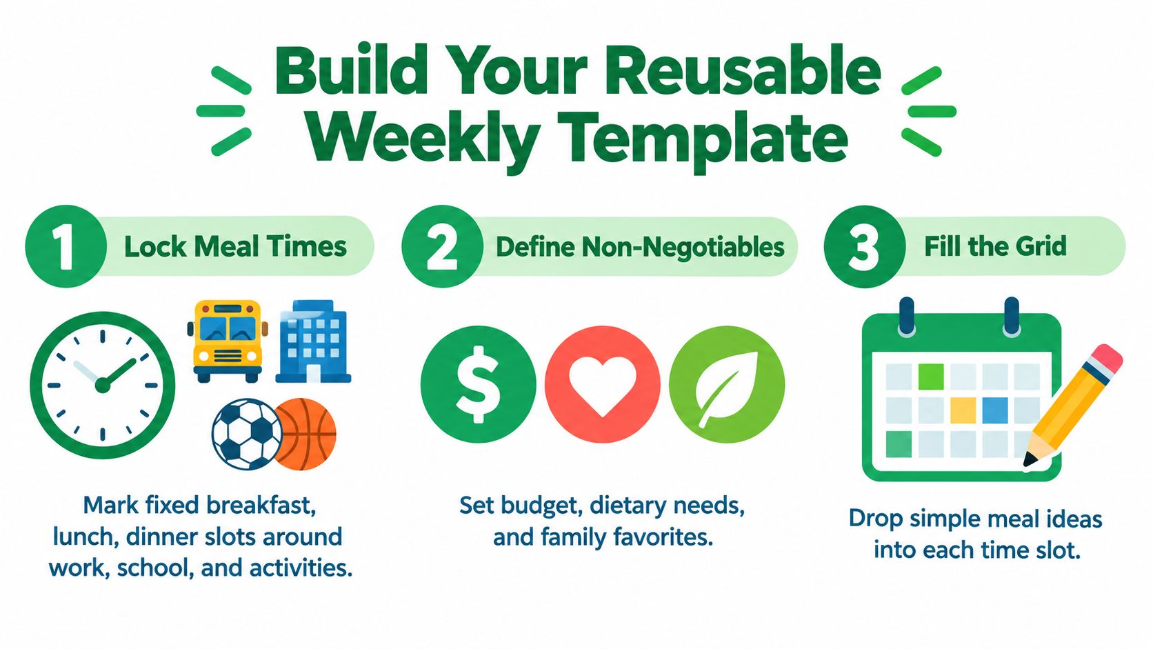 An infographic showing a three-step guide to building a reusable weekly meal planning template for families.