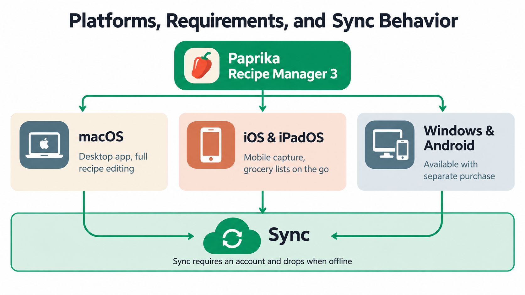 A diagram illustrating the platforms, requirements, and sync behavior for Paprika Recipe Manager 3 software.