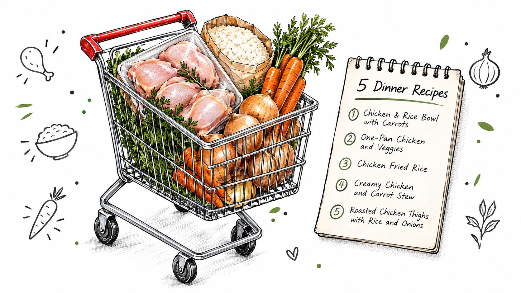 A shopping cart filled with fresh ingredients beside a notepad listing five dinner recipe meal ideas.