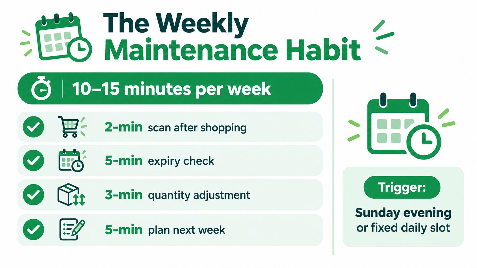 An infographic titled The Weekly Maintenance Habit outlining a 15-minute routine for pantry inventory management and planning.