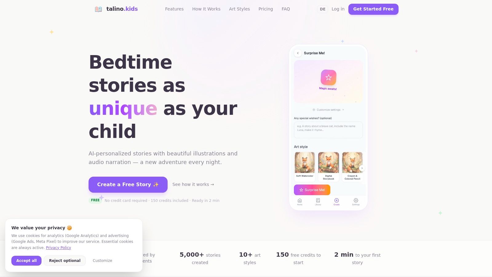 ai bedtime story generator app interface