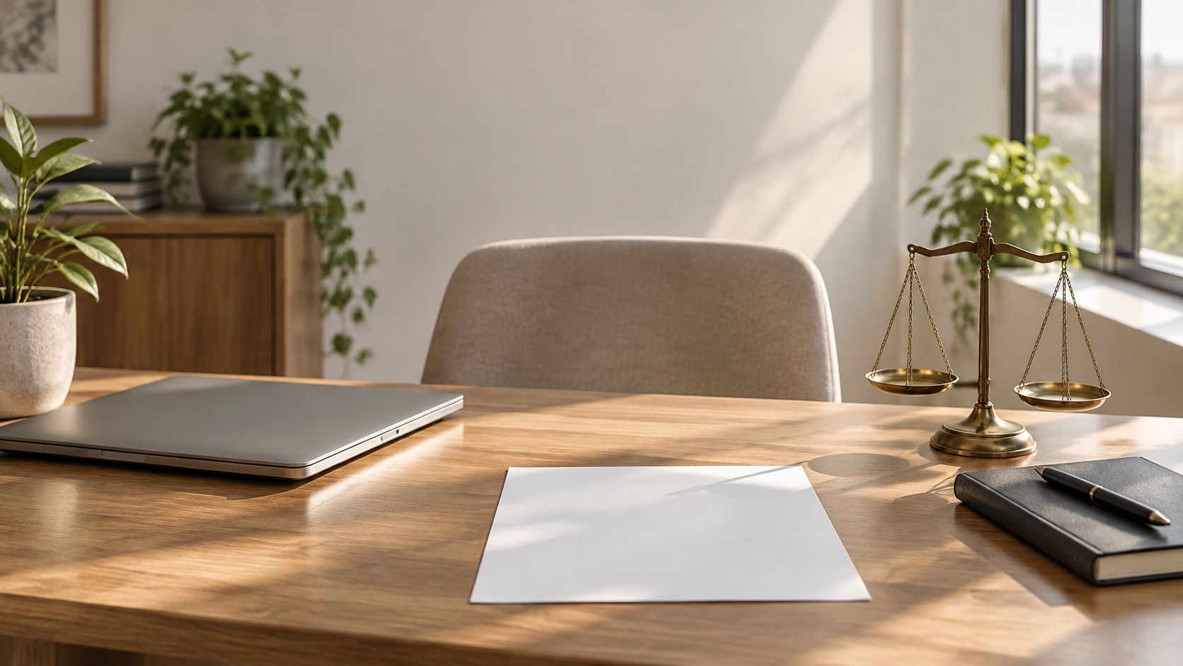 Escritorio de oficina con laptop, una balanza de justicia y documentos, ideal para profesionales legales.