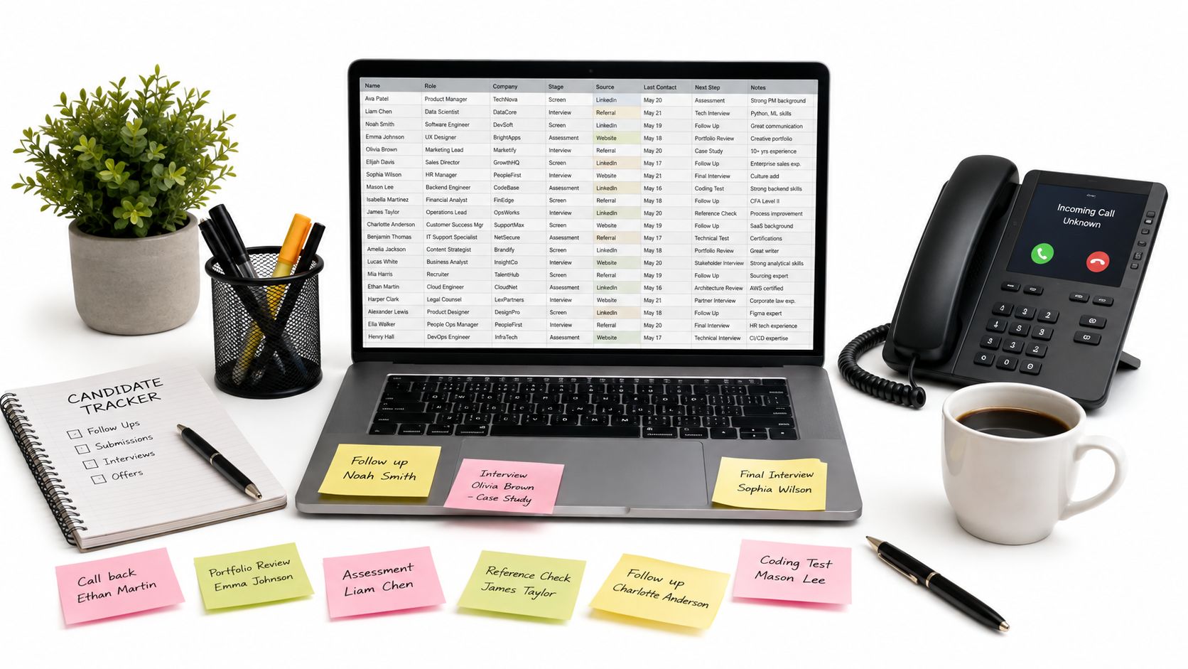 Computadora portátil con una lista de candidatos, post-its, bolígrafos, una planta y un teléfono de oficina.