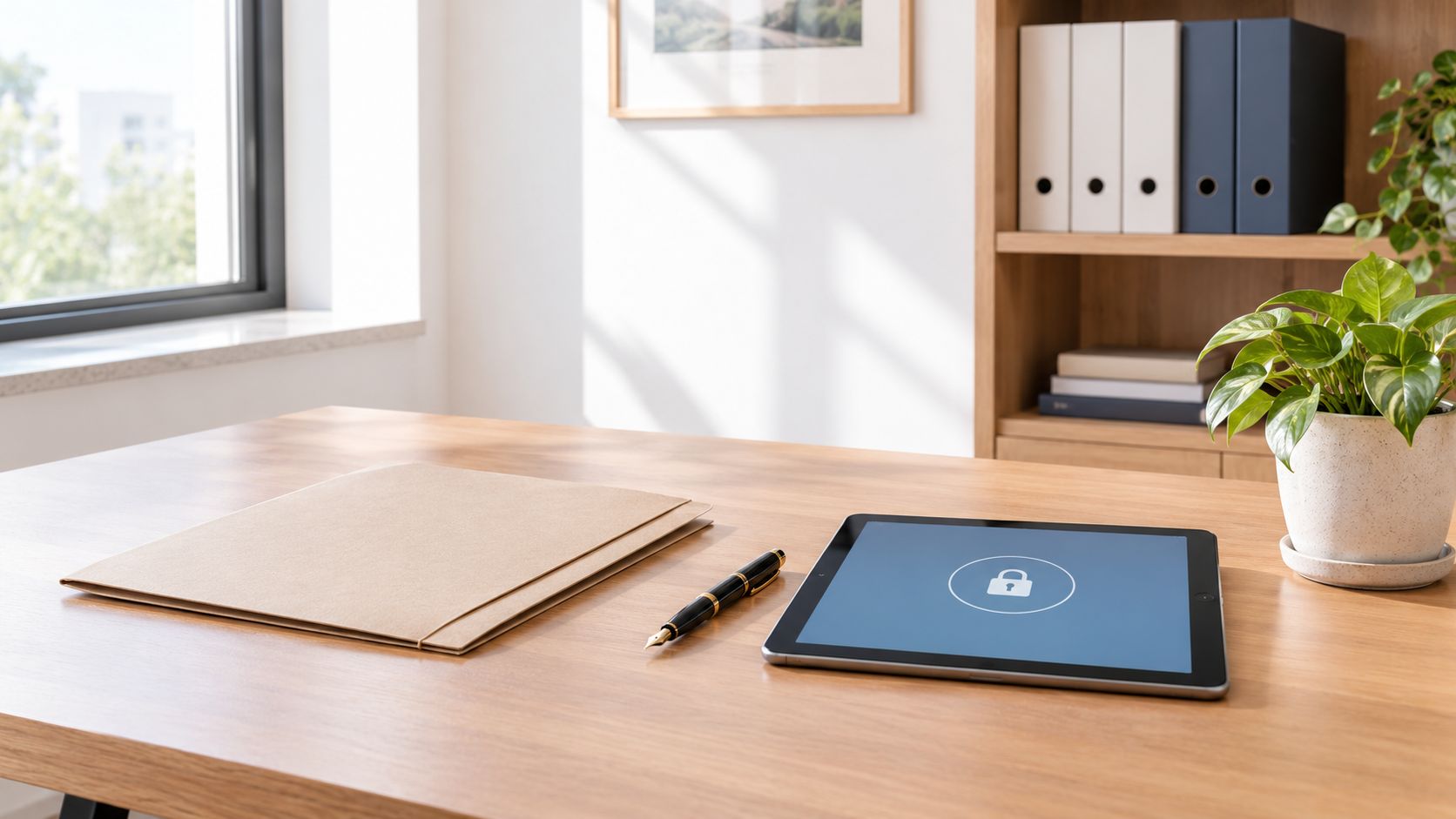 Una tableta con un icono de candado, un bolígrafo y una carpeta sobre una mesa de madera.