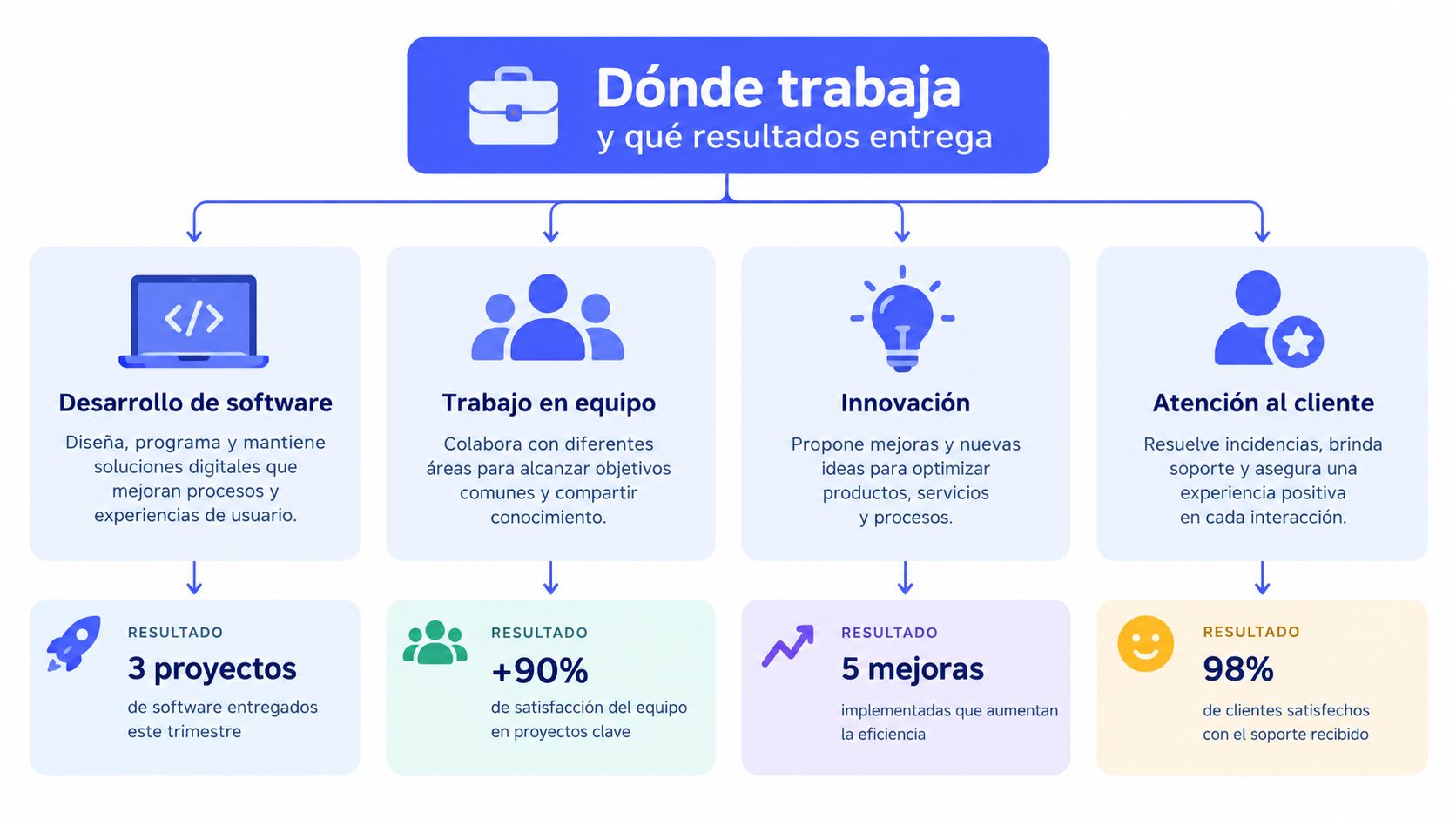 Infographic on job functions and the key results achieved in a professional development environment.