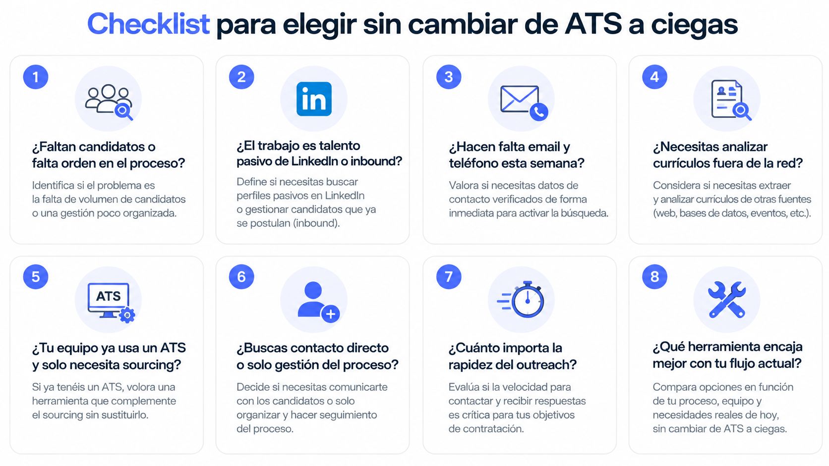 Infografía con una lista de ocho puntos clave para elegir herramientas de reclutamiento sin cambiar de ATS.