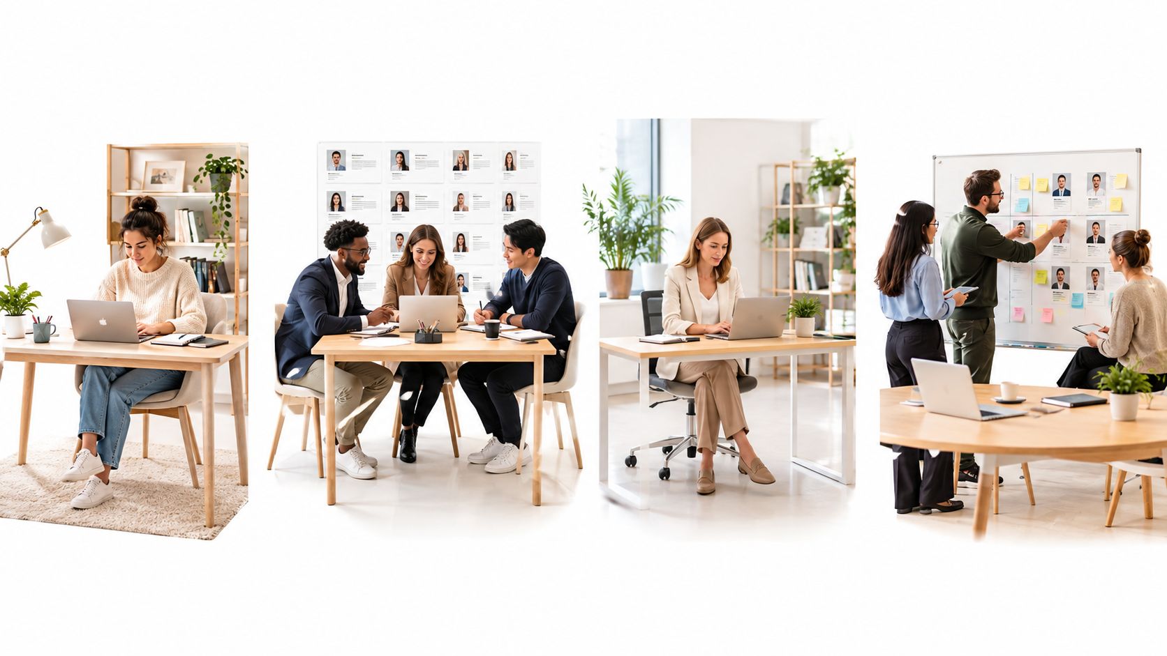 Grupo diverso de profesionales trabajando en oficinas modernas utilizando computadoras portátiles y colaborando frente a un tablero.