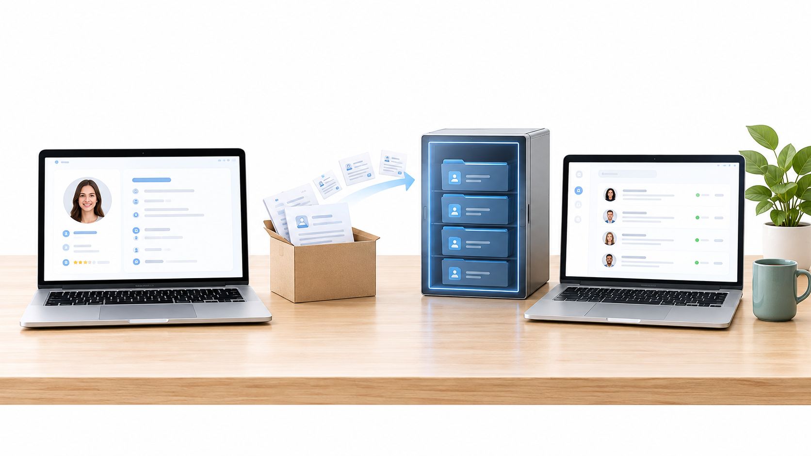 Escritorio con dos ordenadores portátiles, una caja de archivos y un servidor organizando datos de candidatos