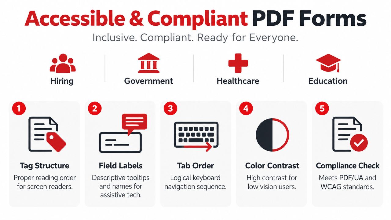 An infographic showing five key steps for making PDF forms accessible and compliant for diverse users.