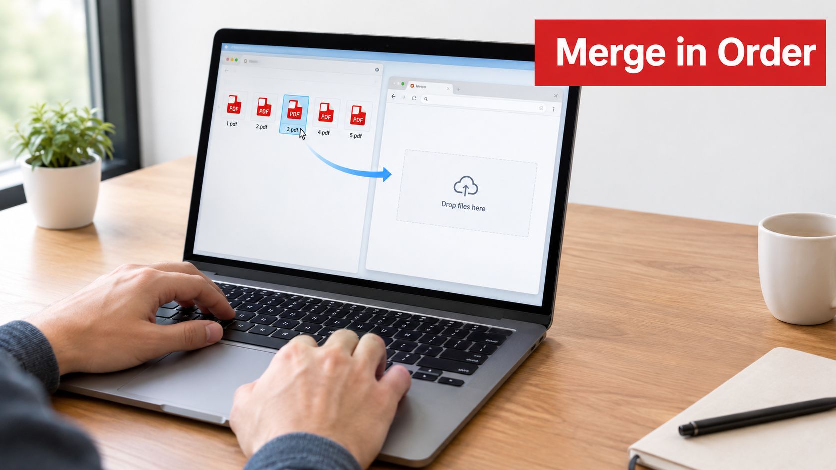 A person using a laptop to drag and drop PDF files into a web tool for merging.