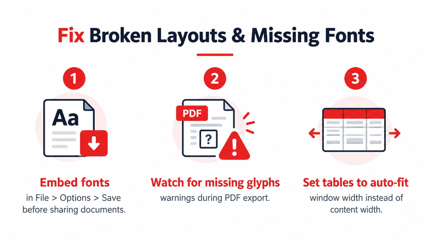 A graphic showing three steps to fix broken layouts and missing fonts when saving documents as PDFs.