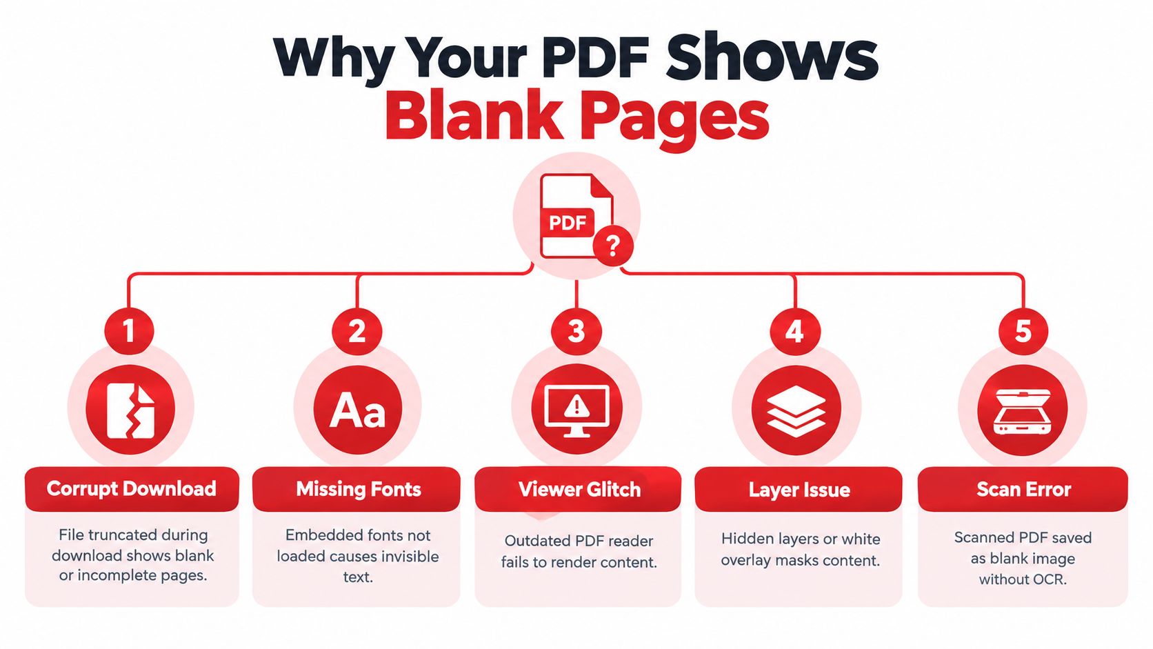 A diagram explaining five common reasons why PDF files show blank pages including corruption and font issues.