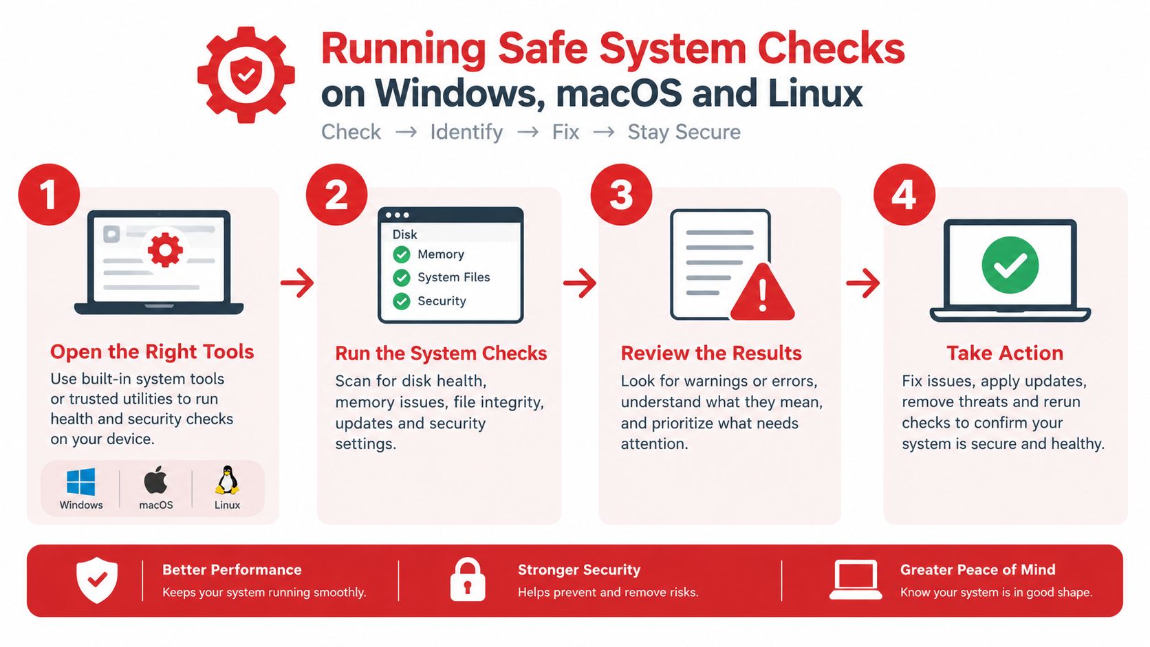 An infographic illustrating a four-step process for performing safe system health and security checks on computers.
