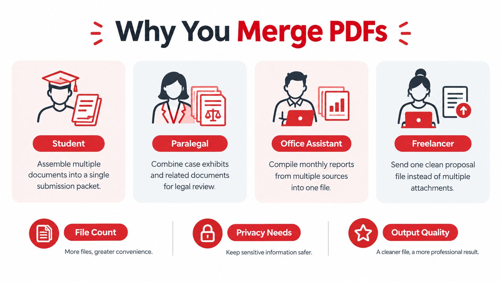 An infographic showing the benefits of merging PDF documents for students, legal professionals, and remote workers.