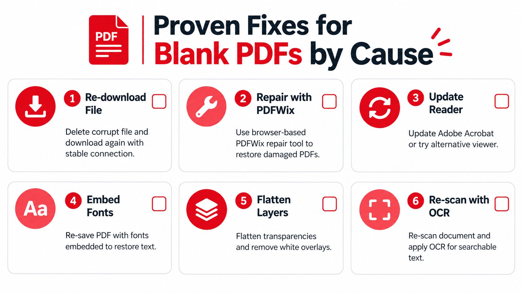 A helpful infographic showing six proven methods to fix blank PDF files caused by various issues.