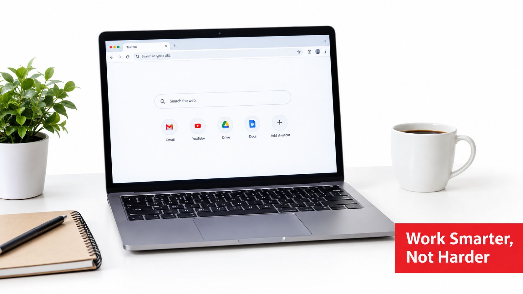 A modern laptop on a white desk with a notepad and coffee, displaying a web browser.
