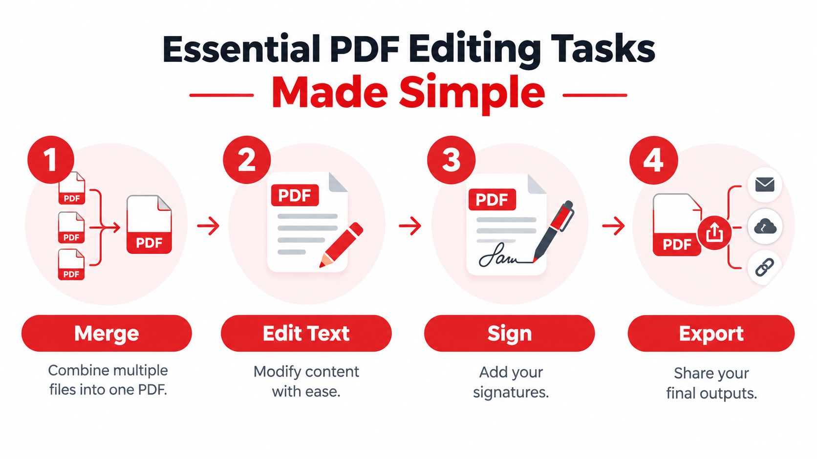 An infographic illustrating four essential PDF editing steps: merging, editing text, signing, and exporting documents.