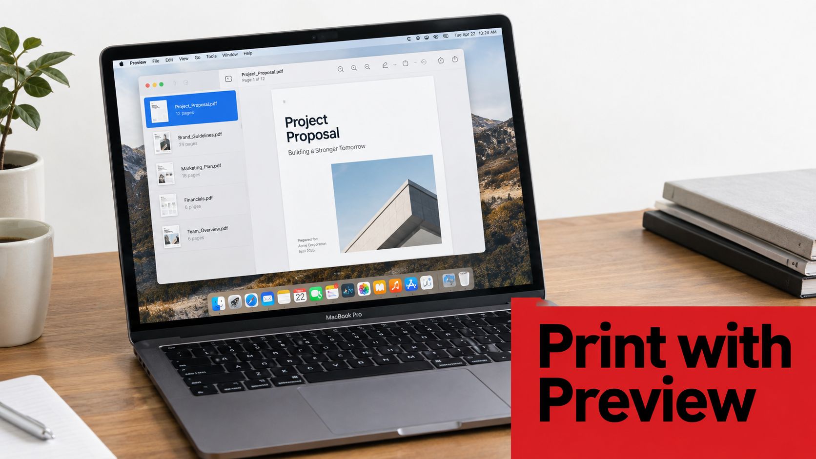 A MacBook Pro displaying a list of PDF documents in the Preview application on a wooden desk.