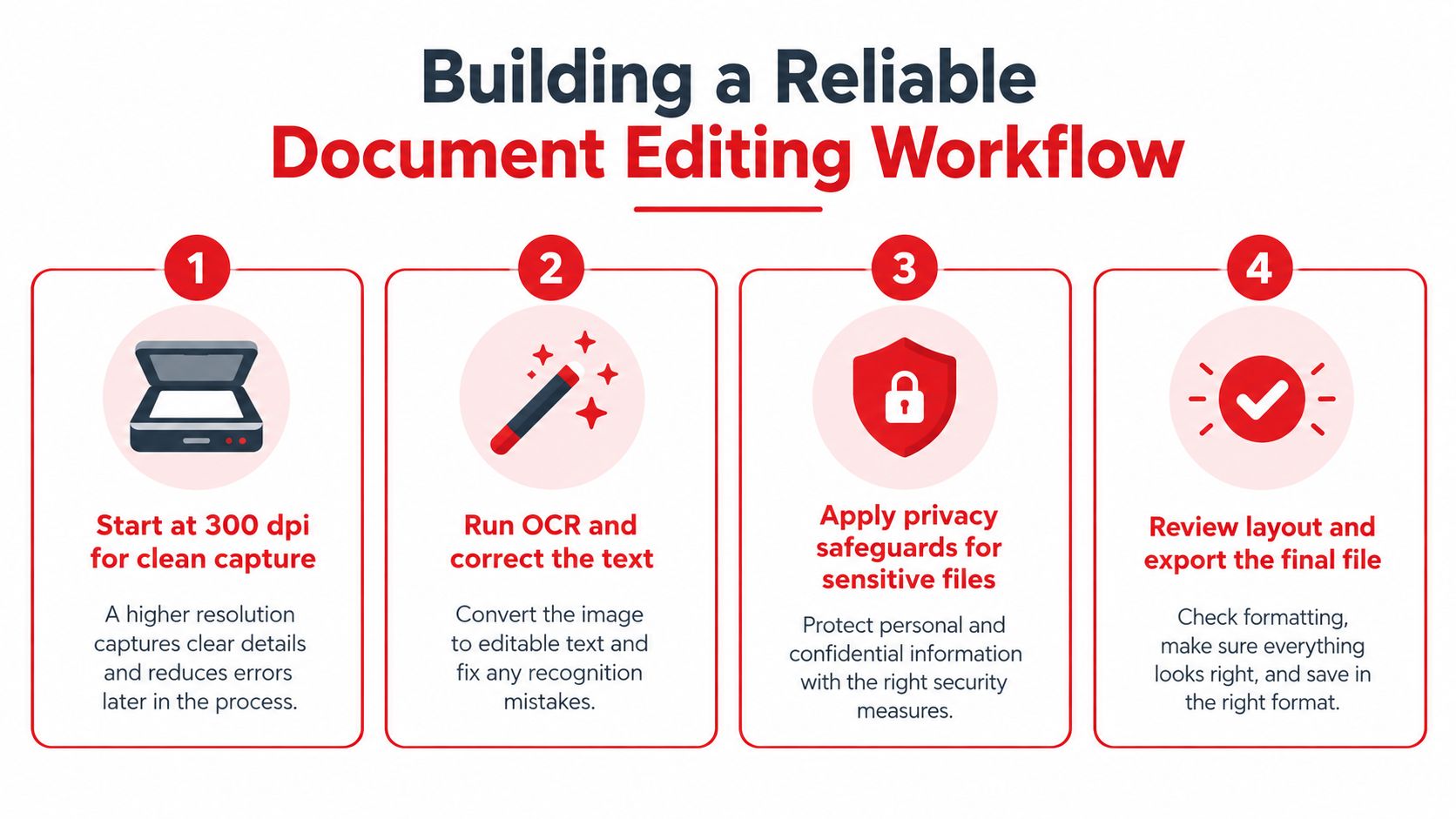 A four-step infographic illustrating the workflow for editing scanned documents, starting from capture to final review.