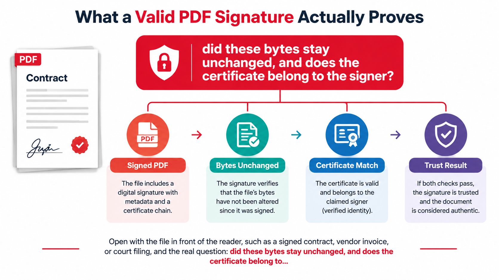 A diagram explaining that a valid PDF signature verifies file integrity and the signer's identity certificate.