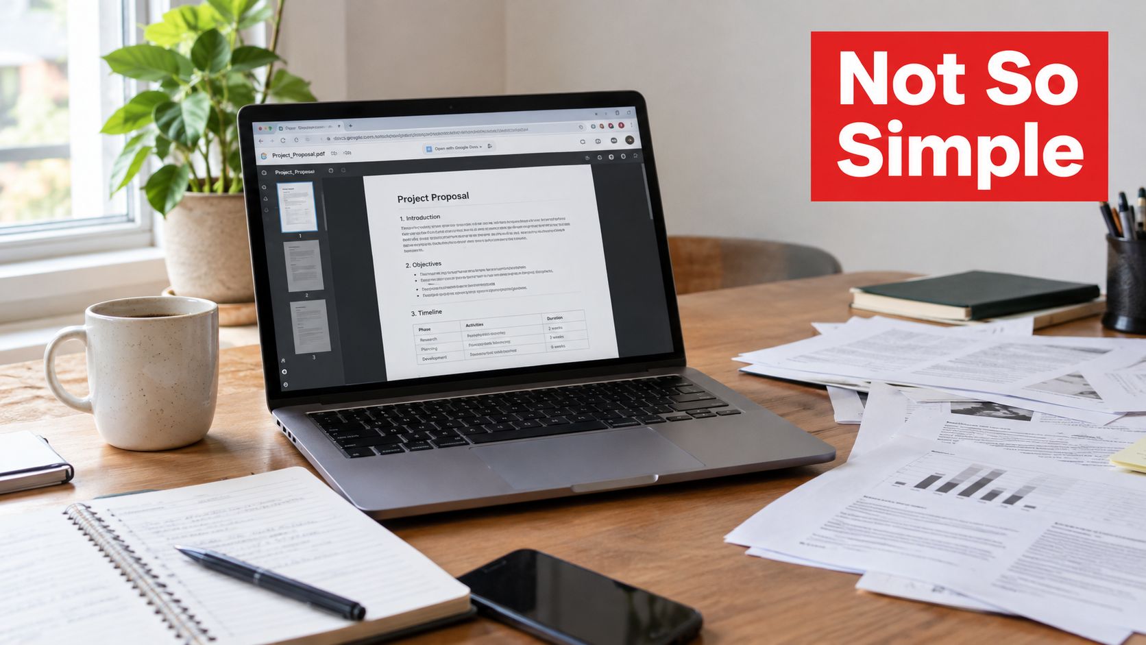 A modern workspace featuring a laptop displaying a project proposal on Google Docs, alongside a cup of coffee.