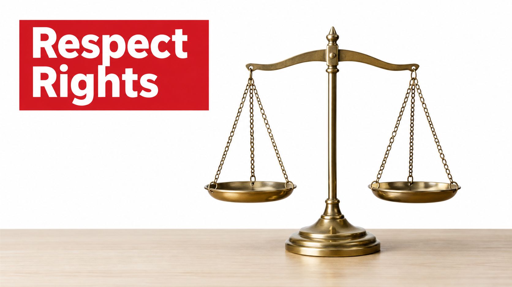 A brass balance scale sits on a wooden table next to a sign that reads Respect Rights.
