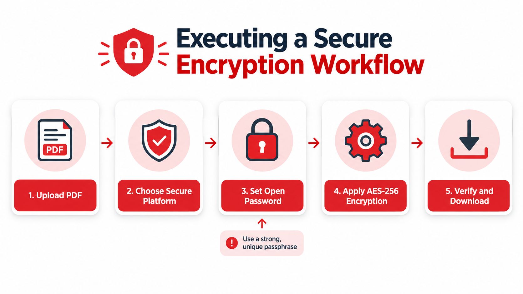 A five-step workflow infographic explaining how to securely encrypt a PDF file online using AES-256 encryption.