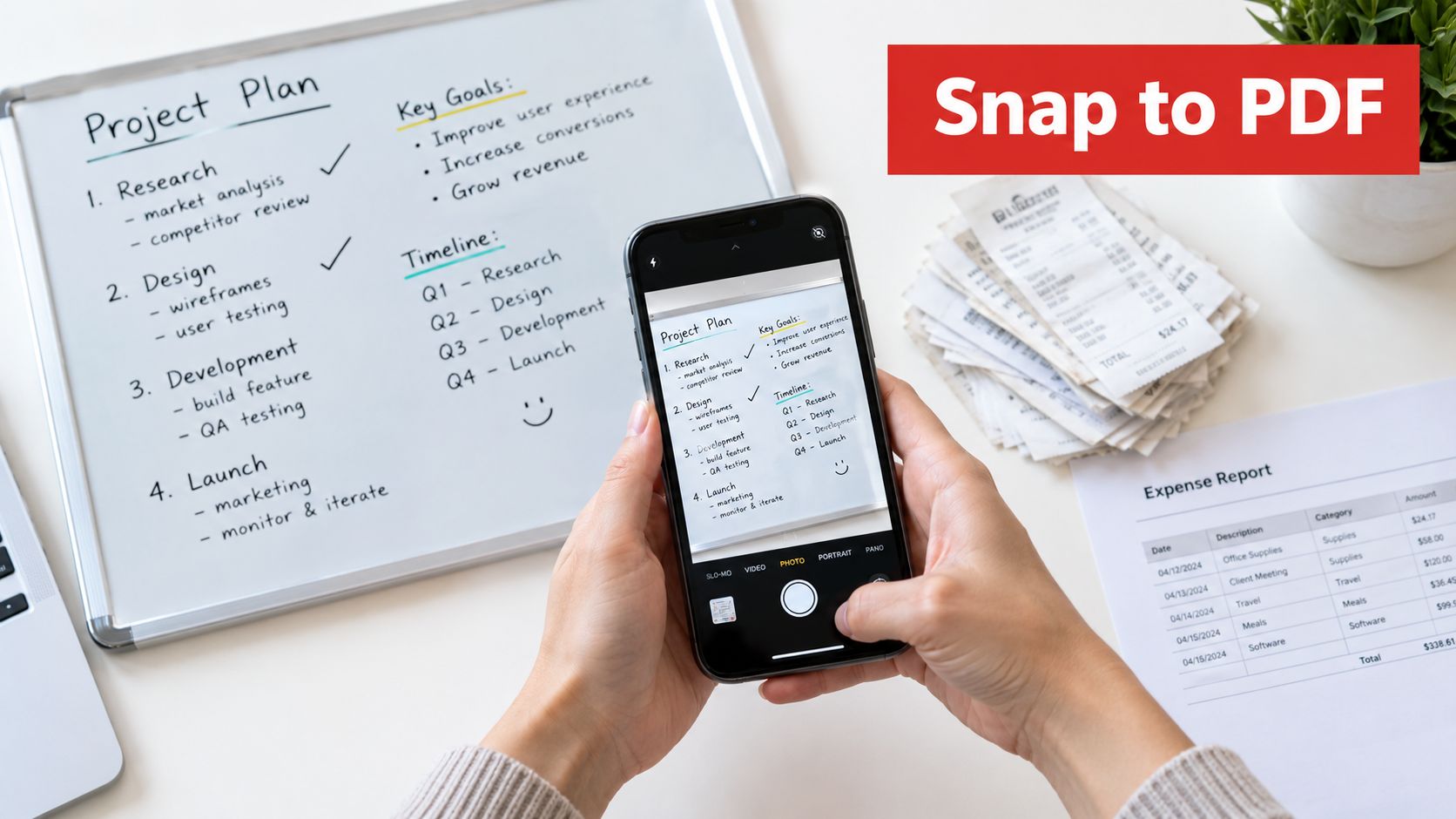 A person uses a smartphone to capture an image of a whiteboard project plan for scanning.