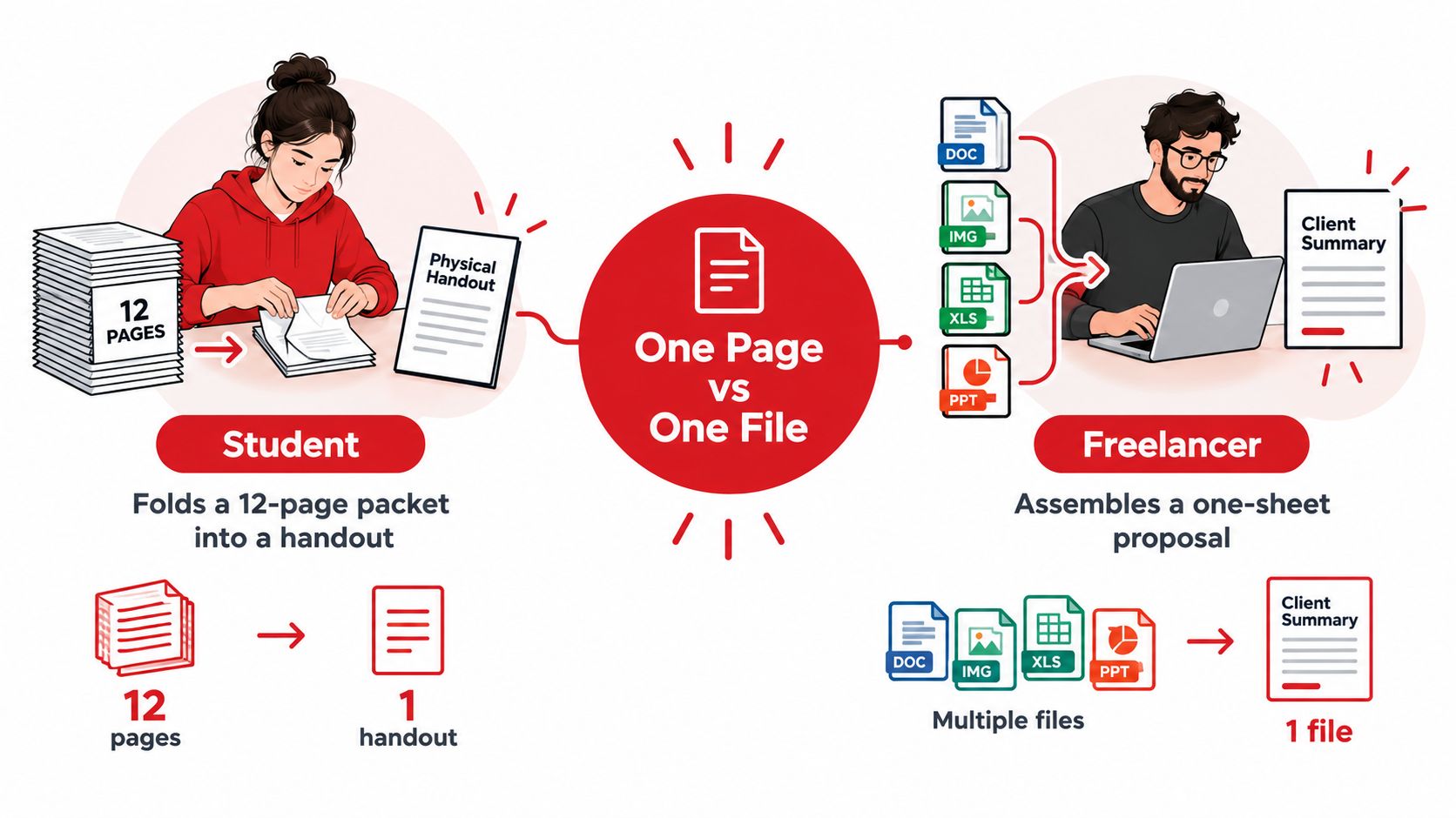 An infographic illustrating merging multiple document pages or varied file types into a single cohesive document.
