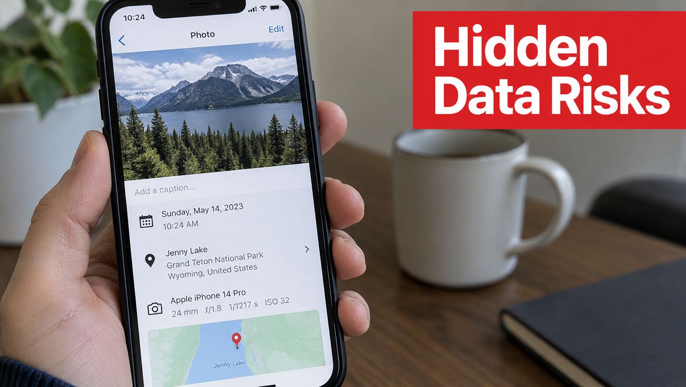 A hand holding a smartphone displaying photo metadata, including location, date, and device settings, with text overlay.