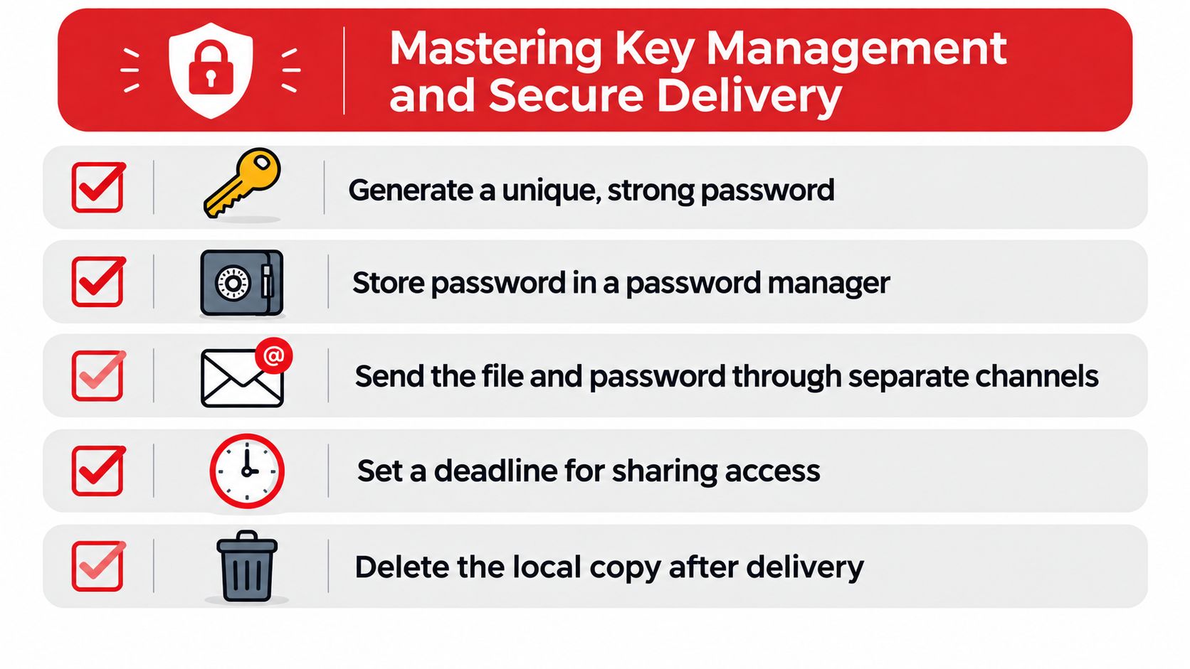 A checklist for mastering secure file delivery through password management and secure sharing practices.