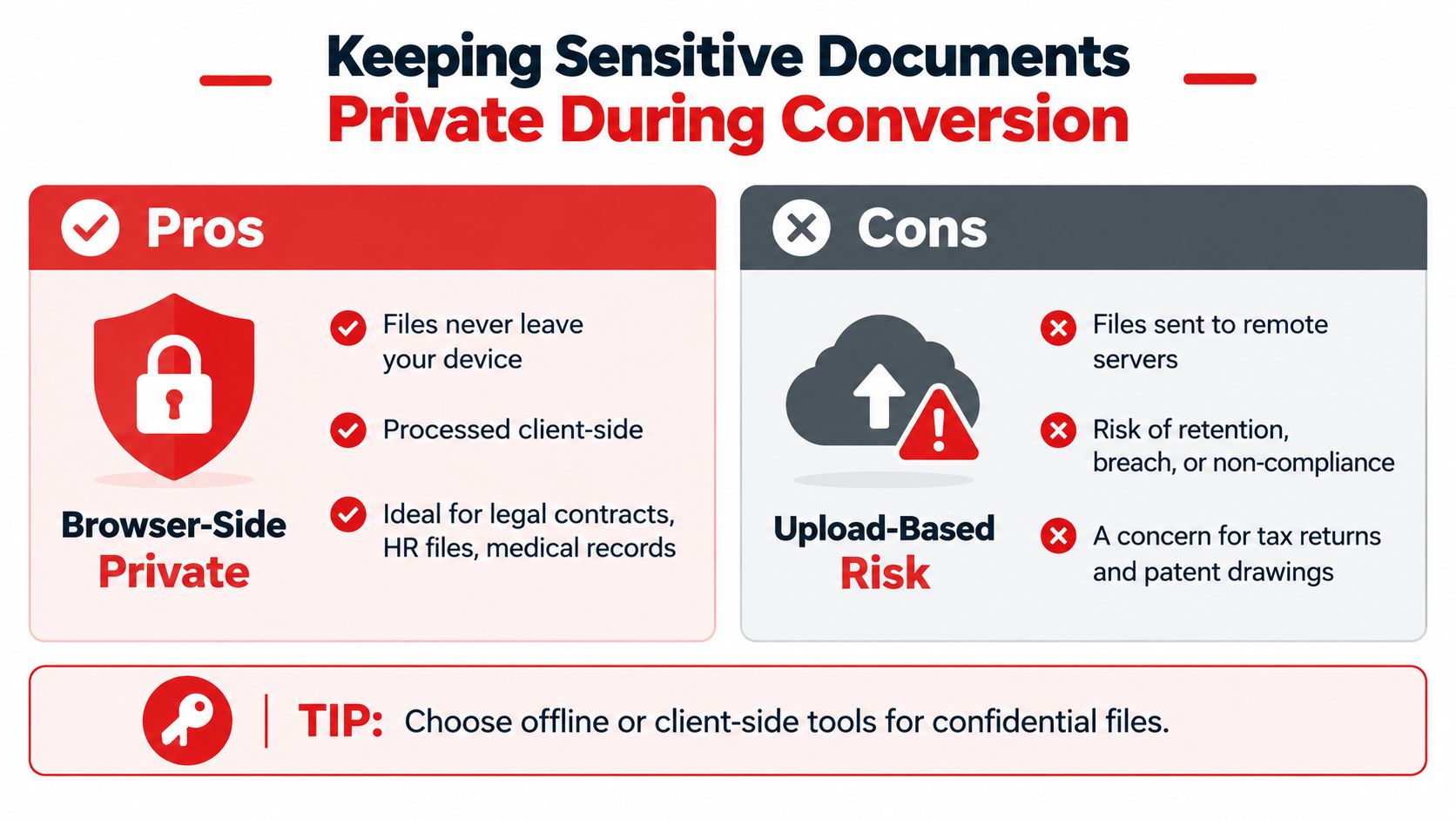 An infographic comparing browser-side private processing versus upload-based risks for handling sensitive digital documents safely.