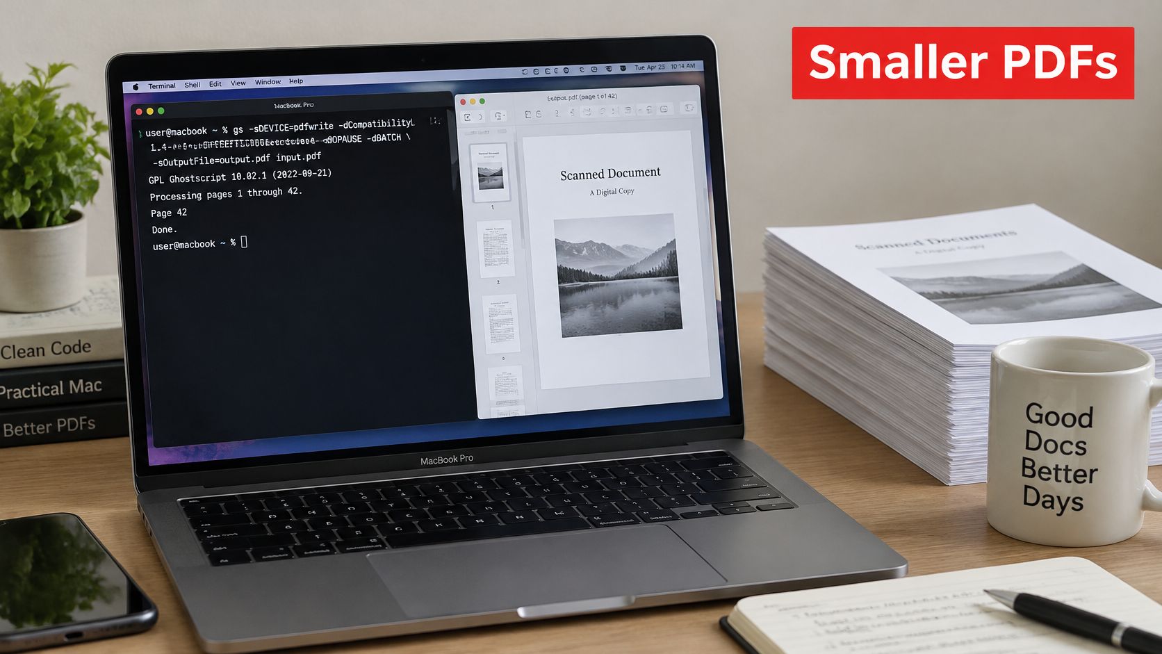 A MacBook Pro on a wooden desk displaying a terminal window running a command to compress PDF files.
