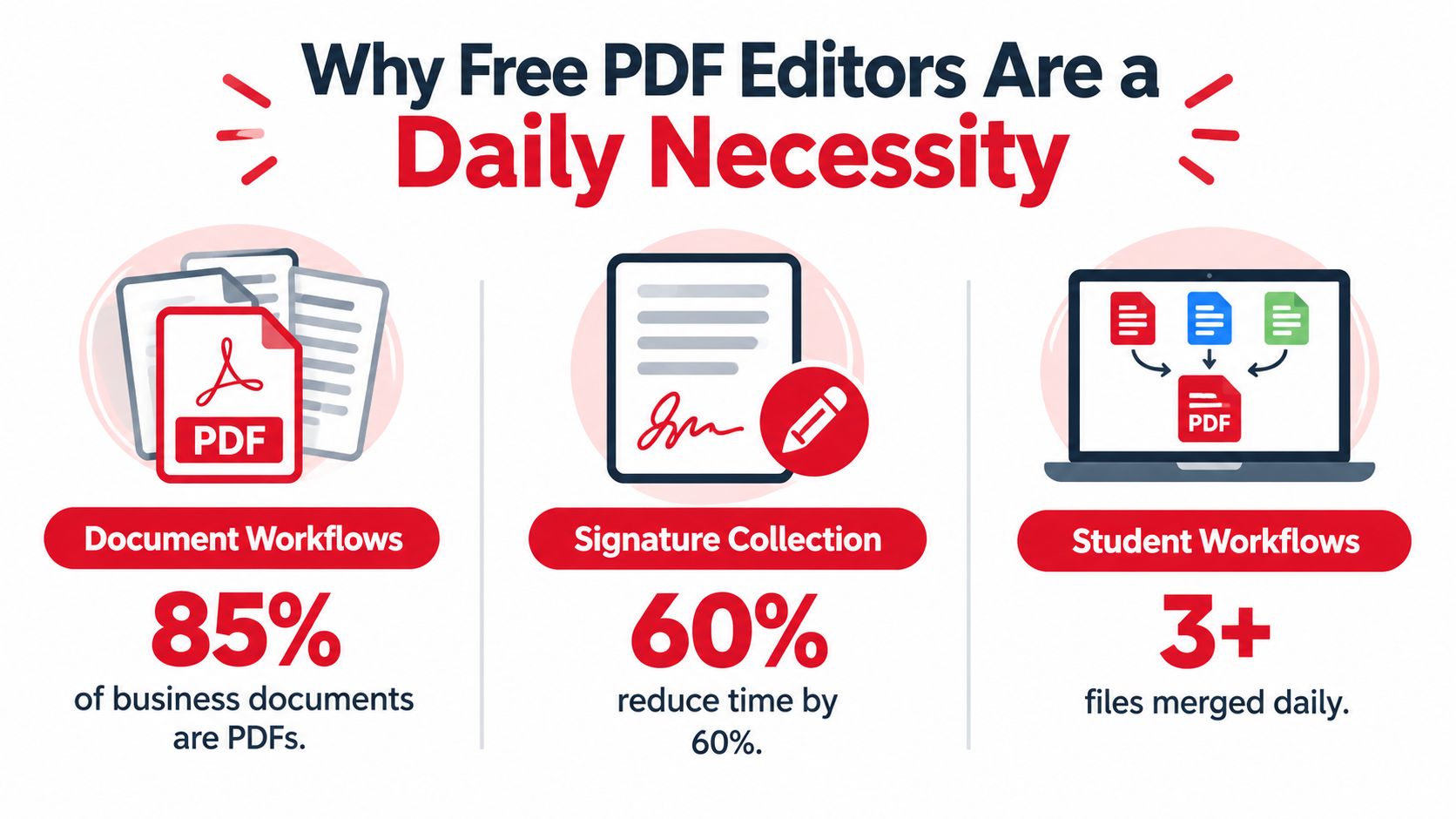 An infographic showing the benefits of free PDF editors for business workflows, signature collection, and students.