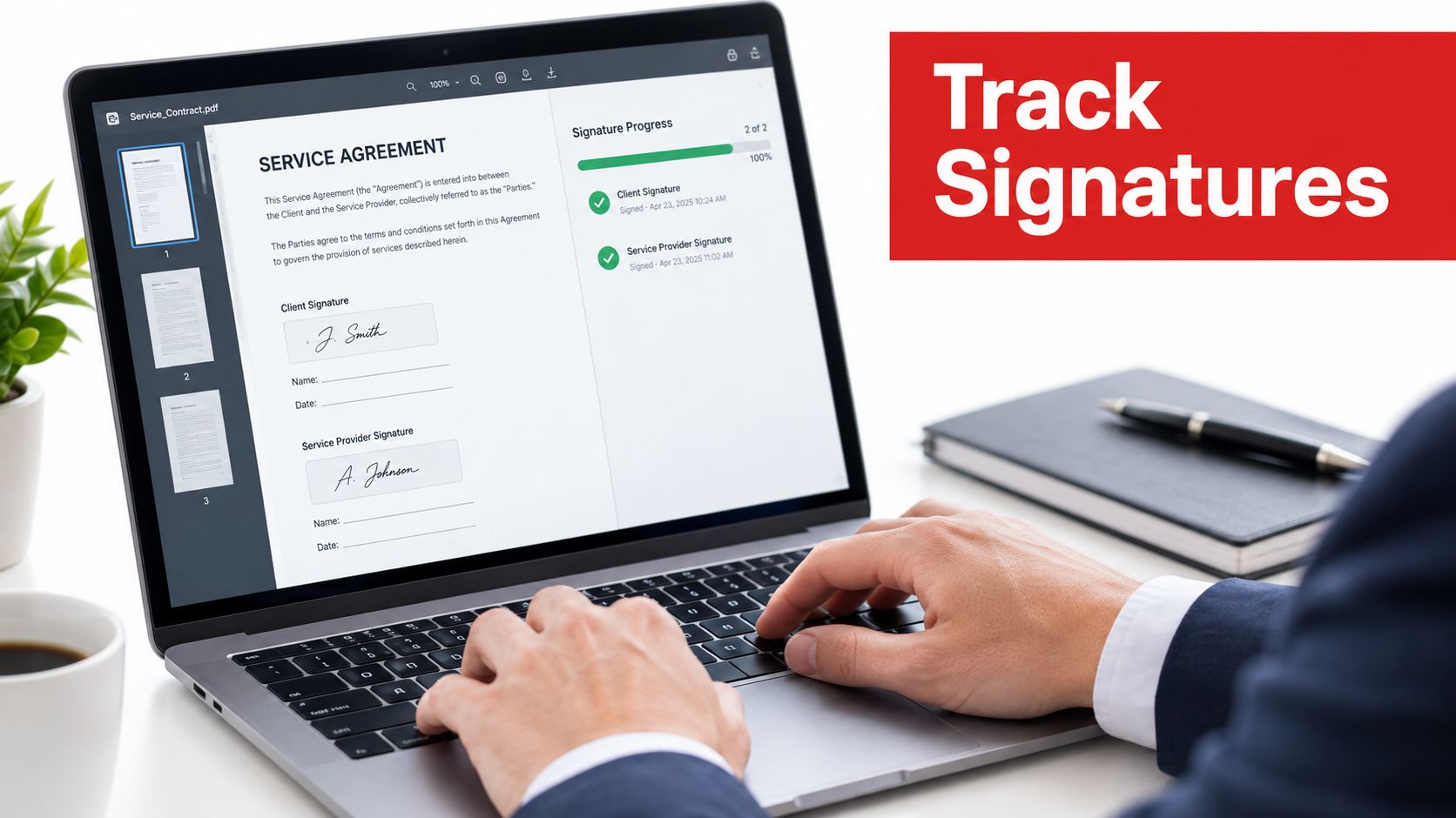 A professional using a laptop to electronically sign and track a service contract document online.
