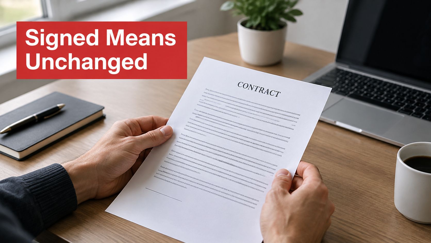A person holding a contract document at an office desk with a laptop and coffee nearby.
