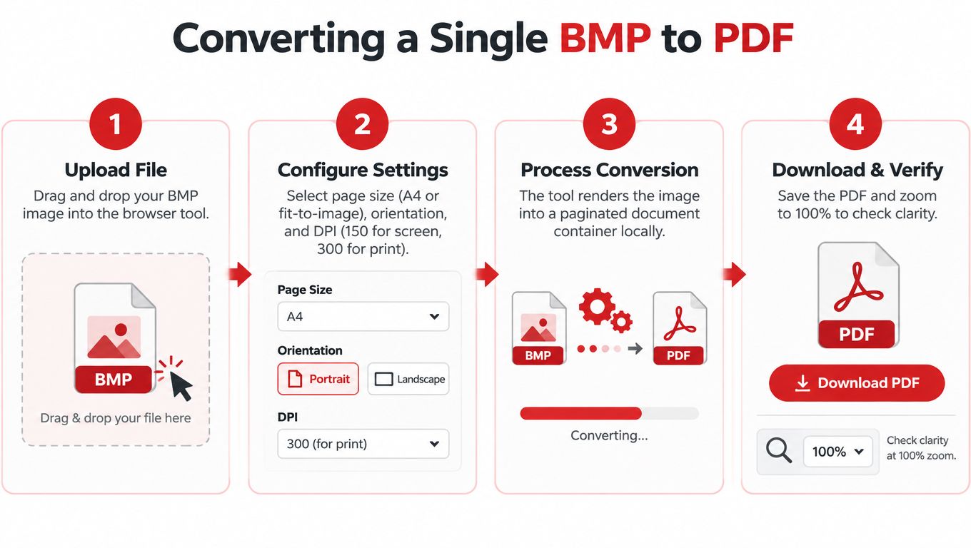 A four-step infographic explaining the process of converting a single BMP image file into a PDF document.