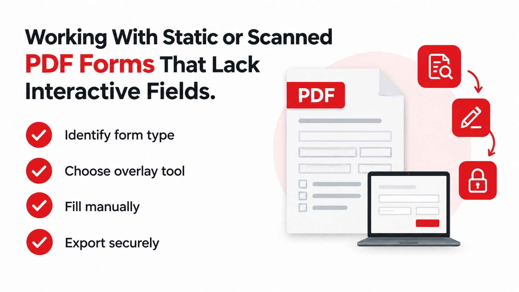 A graphic illustrating the steps to fill out static or scanned PDF forms without interactive fields.