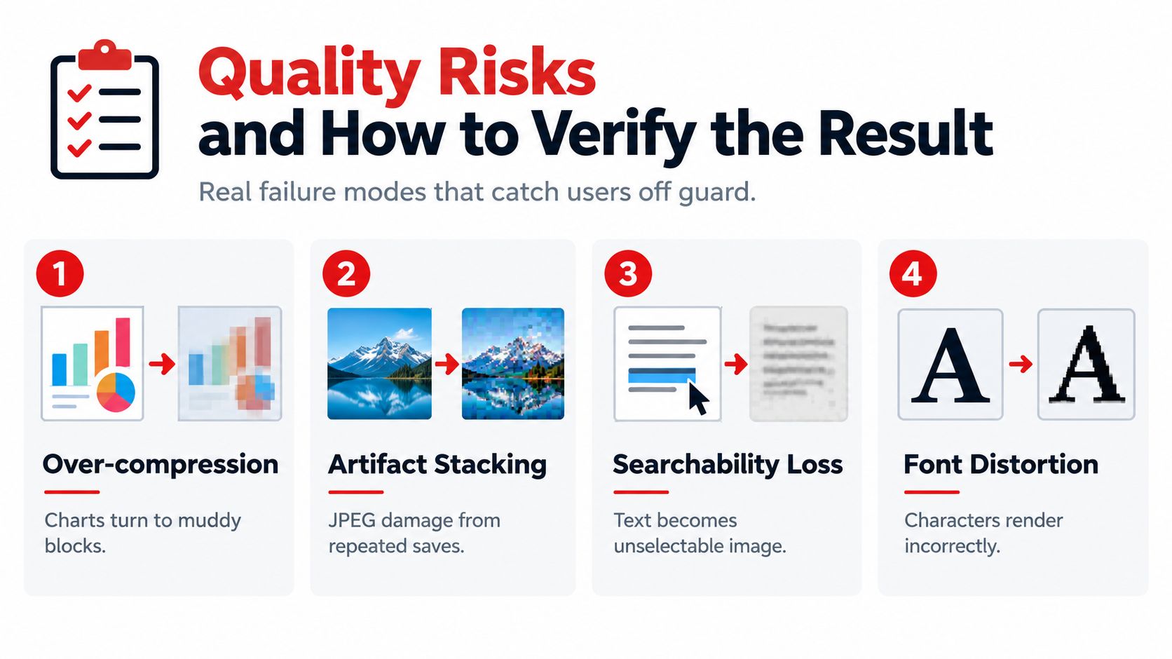 An infographic illustrating four common quality risks when processing digital files like over-compression and font distortion.