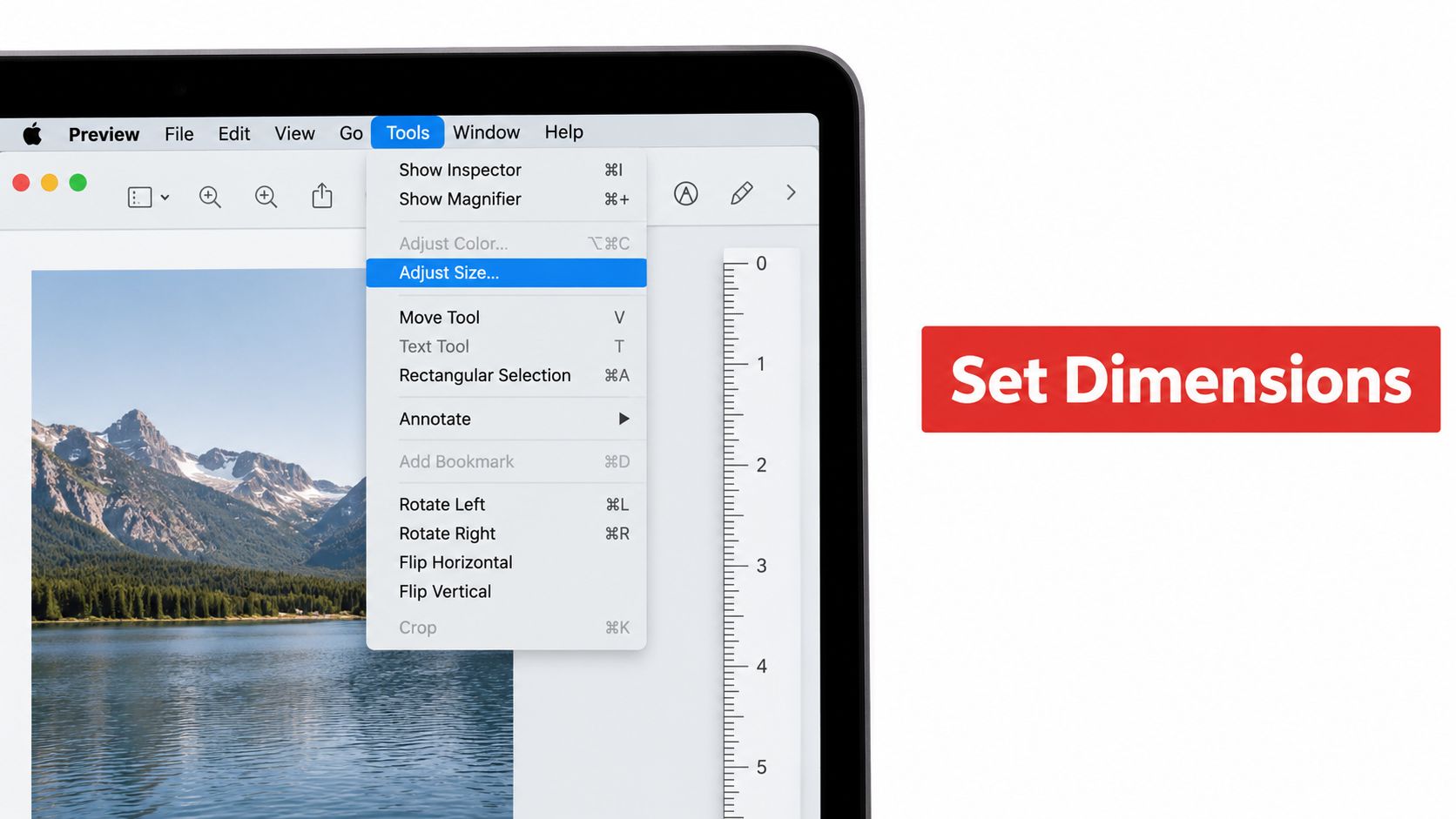 A close-up view of the Apple Preview app menu on a Mac showing the Adjust Size option.