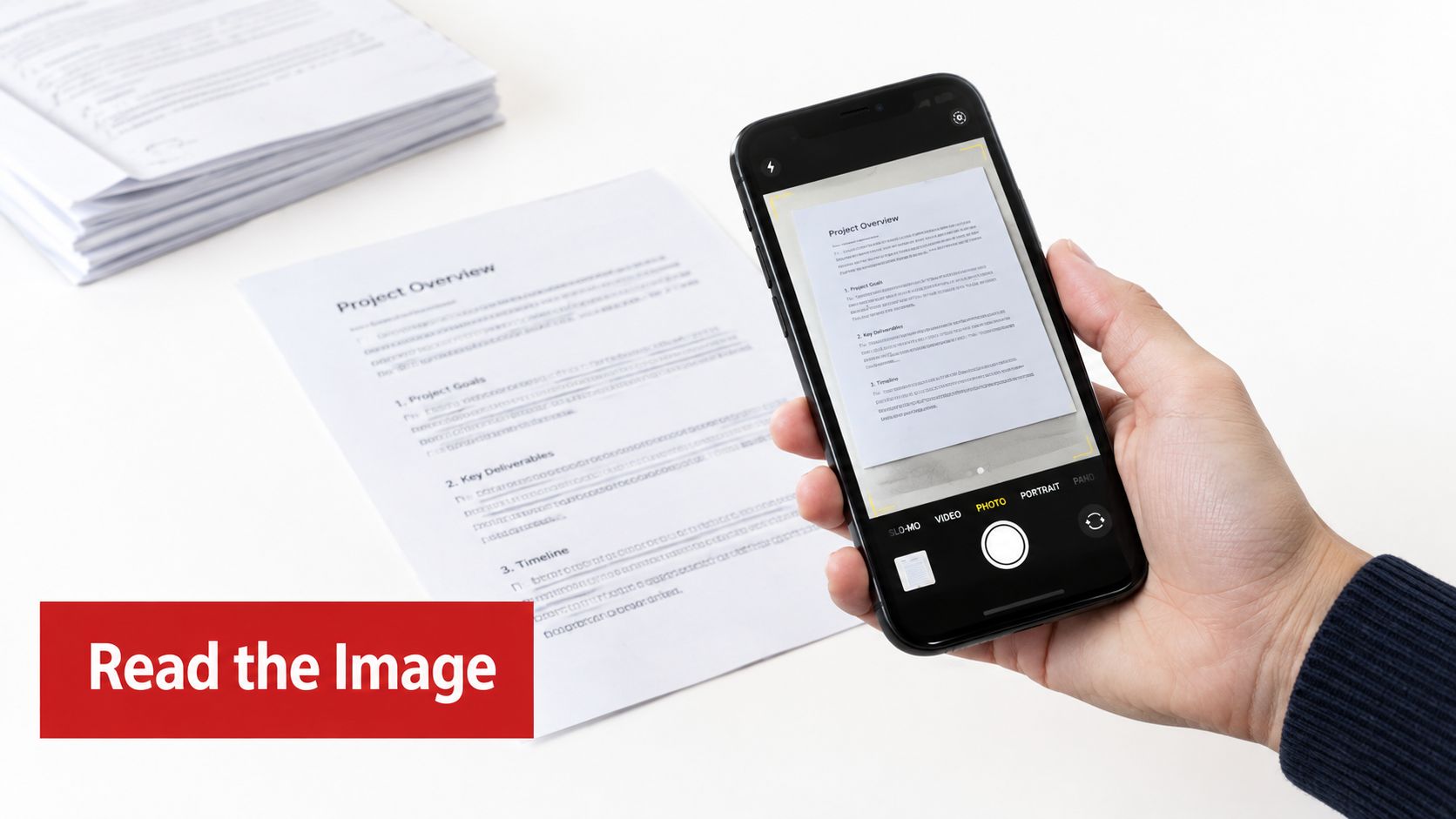 A hand holding a smartphone capturing an image of a Project Overview document to convert to digital format.