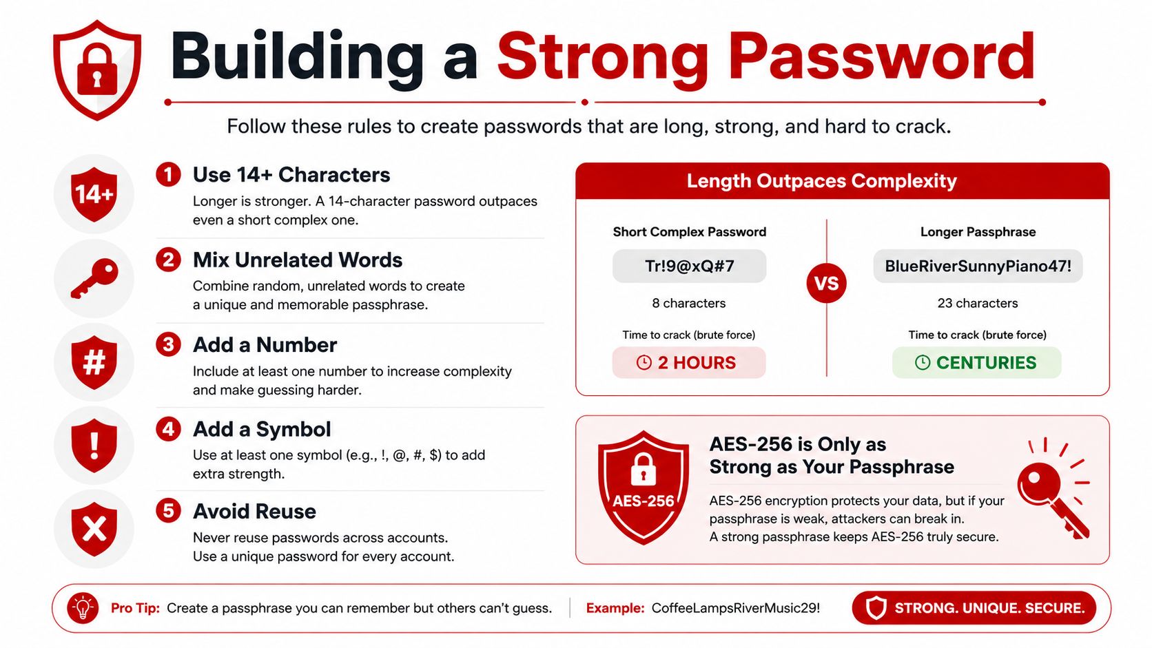 An infographic illustrating five key rules for creating strong, secure, and long passwords against hacking attempts.