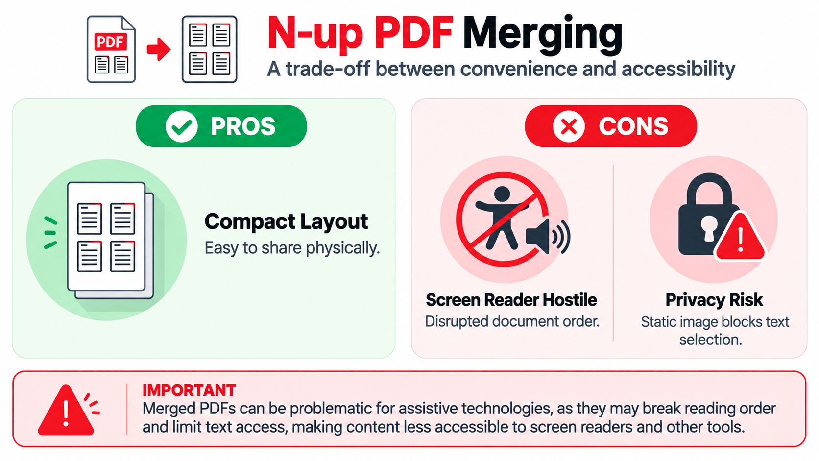 An infographic showing the pros and cons of N-up PDF merging for document accessibility and layout.