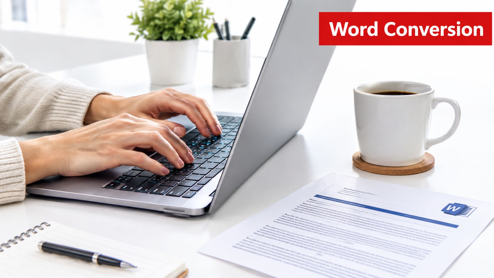 A professional working on a laptop at a desk with a printed document and coffee.