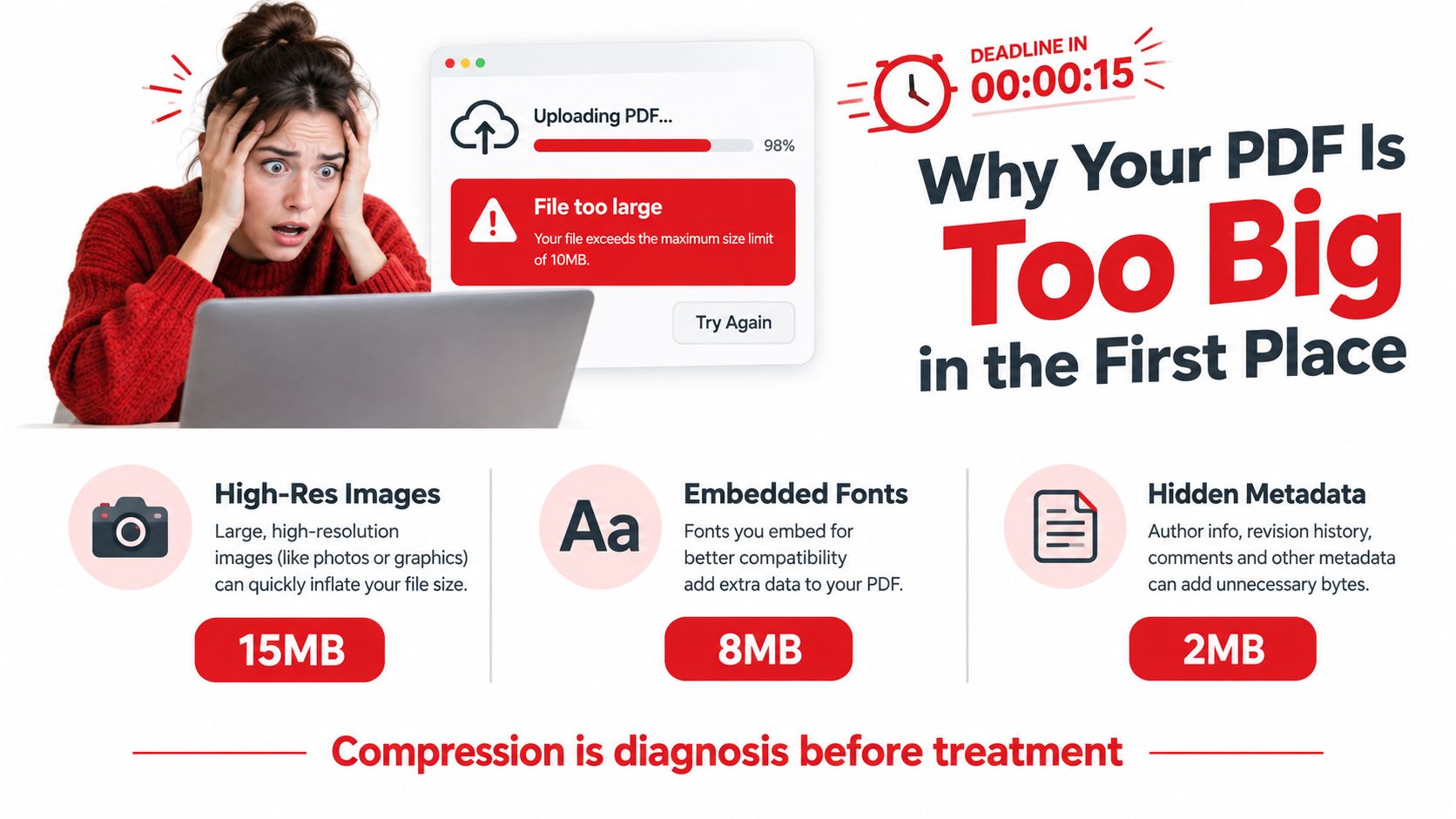 A woman looks frustrated at a laptop screen showing a file size upload error for a PDF.