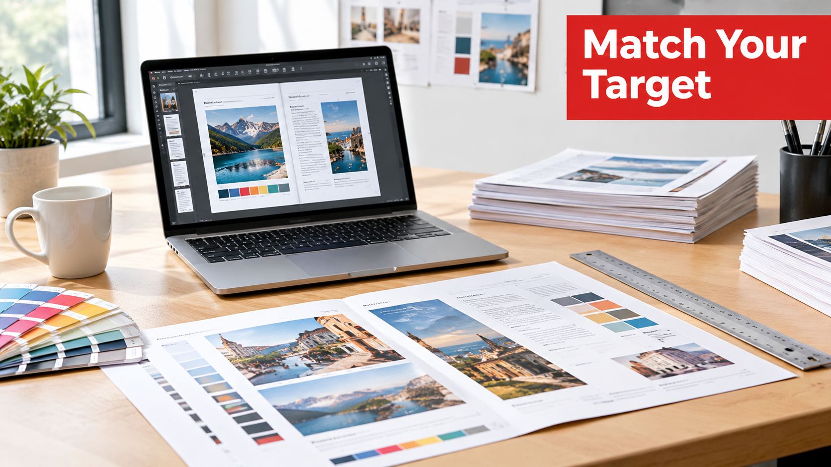 A professional workspace featuring a laptop, print proofs, color swatches, and a ruler on a wooden desk.