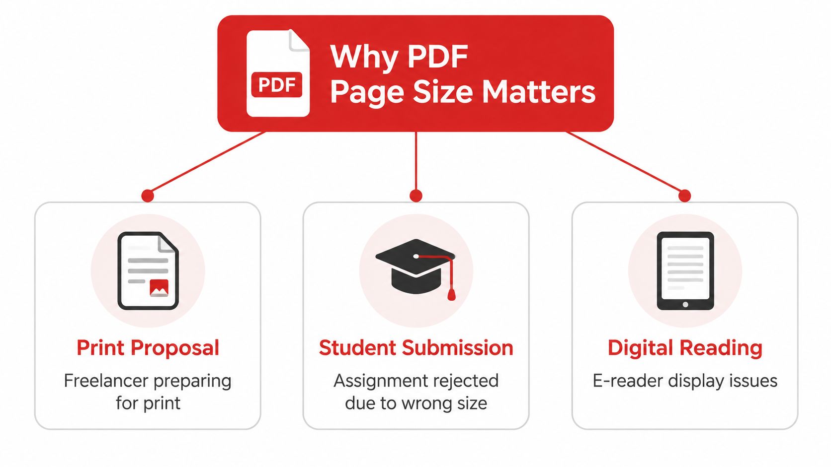 An infographic titled Why PDF Page Size Matters, highlighting issues with print proposals, student submissions, and digital reading.
